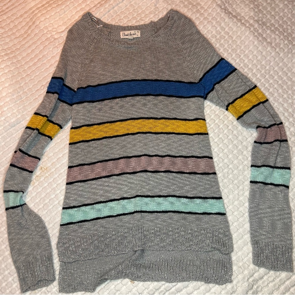 Cloud Chaser‎ Gray Knit Sweater Multicolor Stripes Long Sleeve Pullover | Size L - Picture 2 of 7